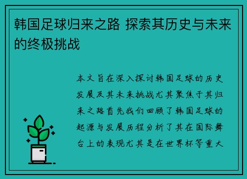 韩国足球归来之路 探索其历史与未来的终极挑战