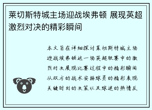 莱切斯特城主场迎战埃弗顿 展现英超激烈对决的精彩瞬间